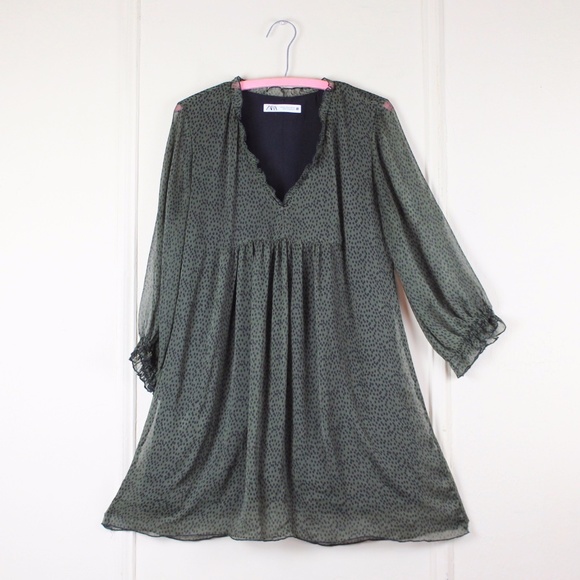 Zara Dresses & Skirts - Zara Green & Black Animal Print V neck Mini Dress